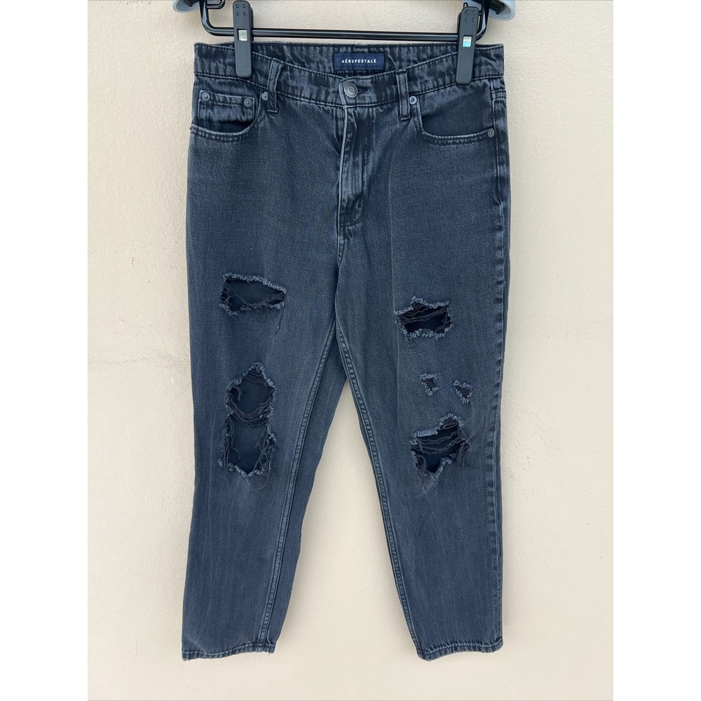 Aeropostale Distressed Mom Jeans Black Wash High Rise Ripped Denim Pants 30W 27L